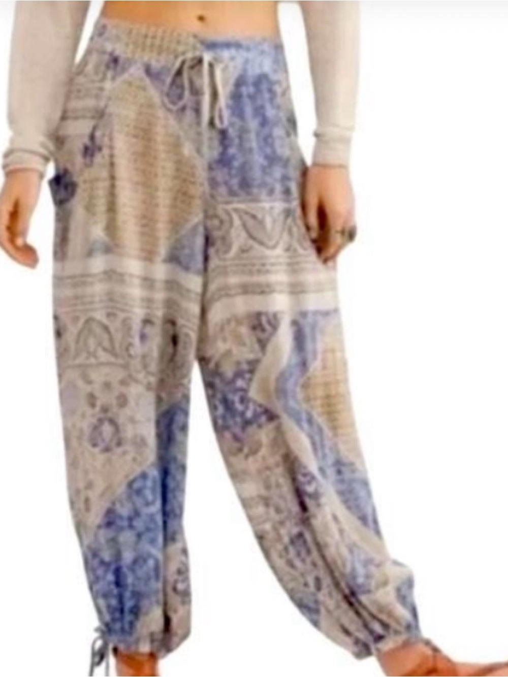 Free People Blue & Beige Paisley Patchwork Boho Harem Pants
